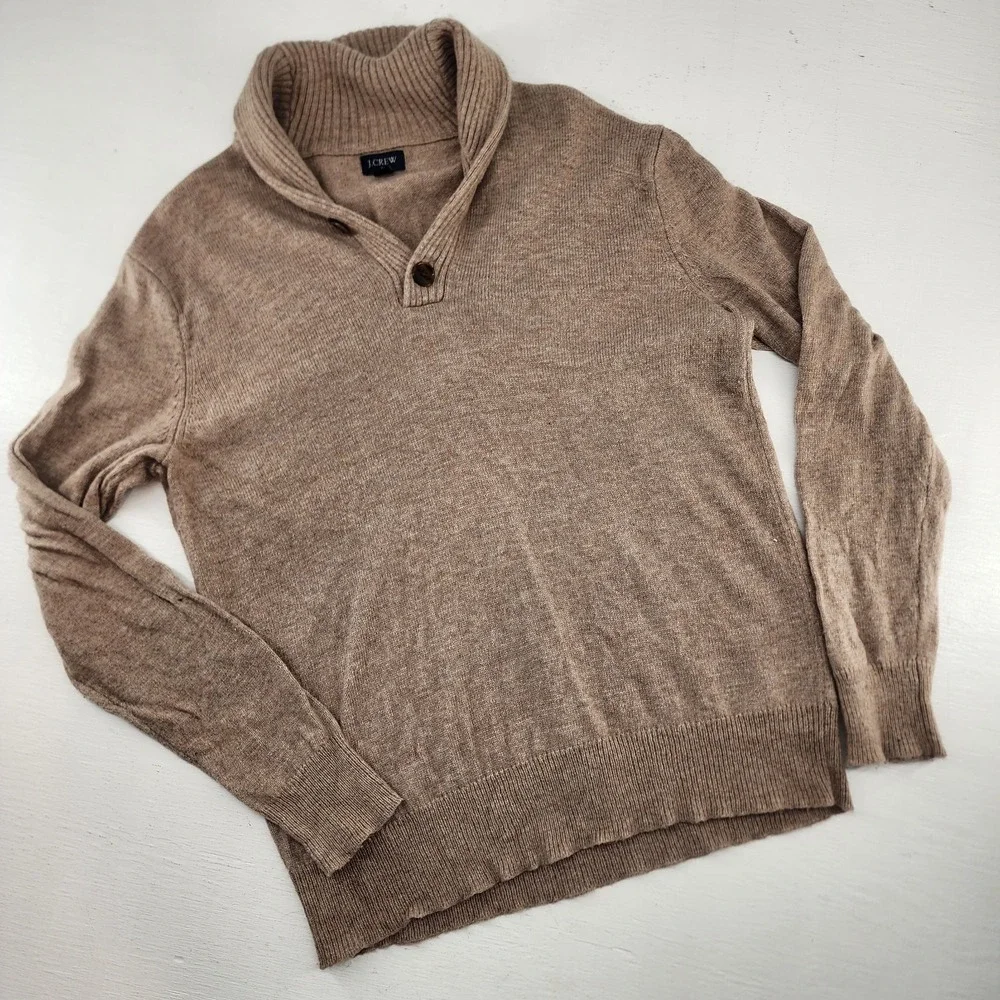 J.Crew Mens Medium Brown Shawl Neck Lambswool Blend Pullover Sweater Preppy